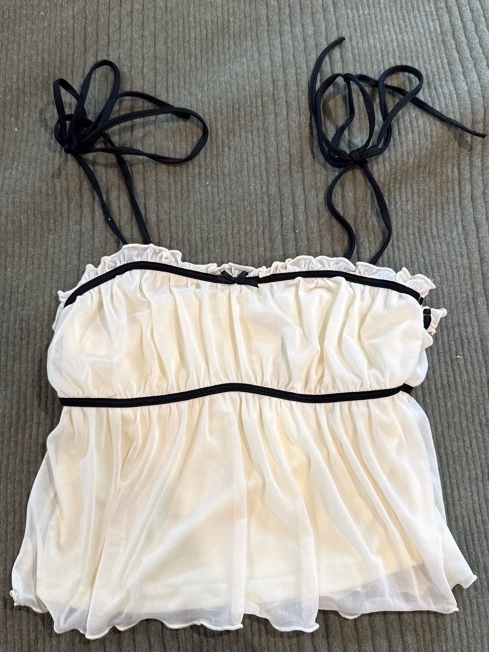 Sheer Ruffle Tie-Strap Camisole Tank Top - White with Black Trim